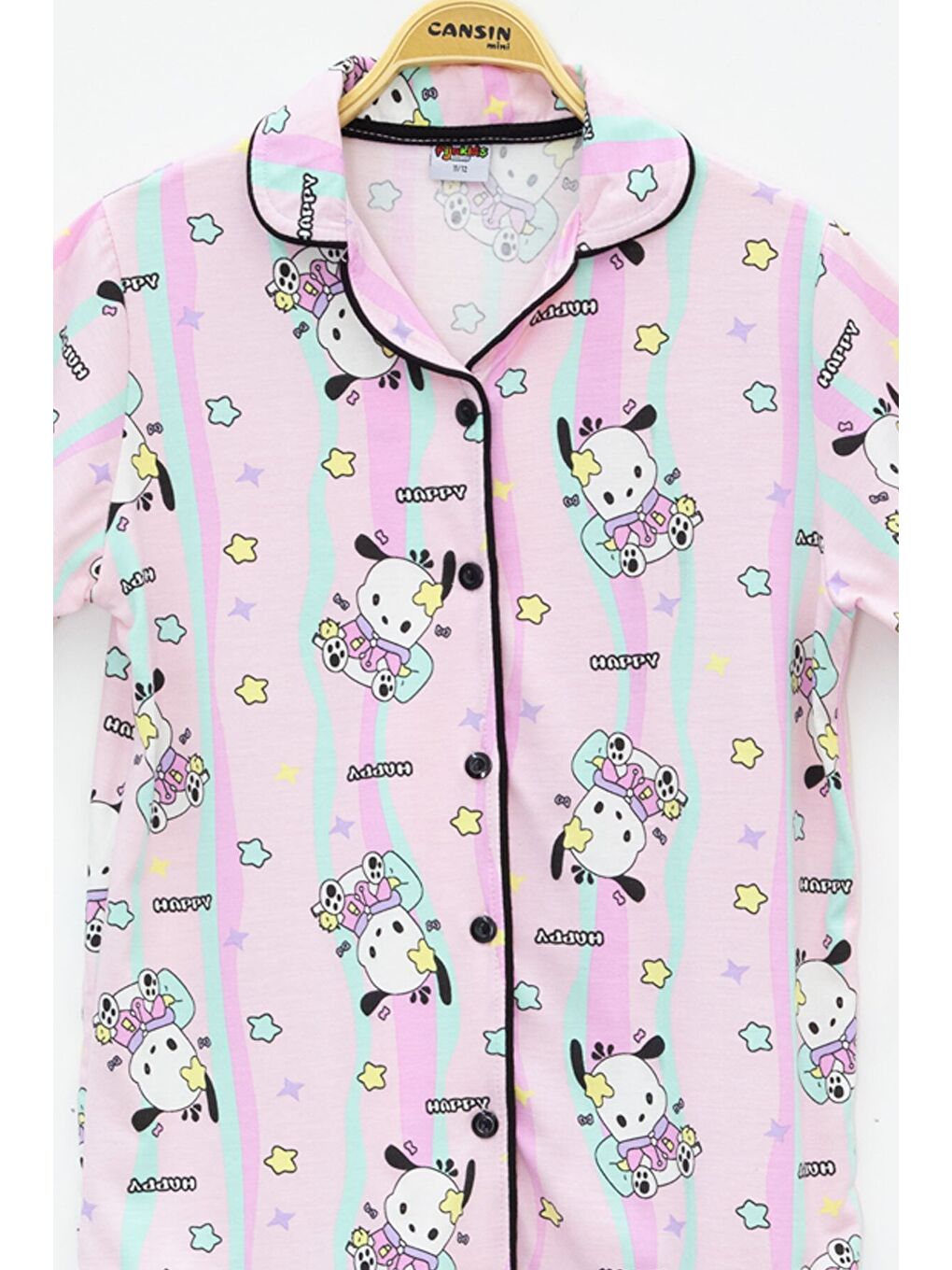 Pembe Sevimli Karakter Baskılı Kısa Kol Kız Çocuk Göz Bantlı Pijama Takmı 23826-3