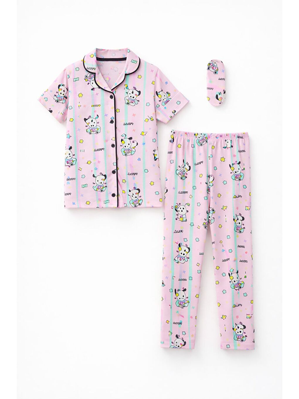 Pembe Sevimli Karakter Baskılı Kısa Kol Kız Çocuk Göz Bantlı Pijama Takmı 23826-4