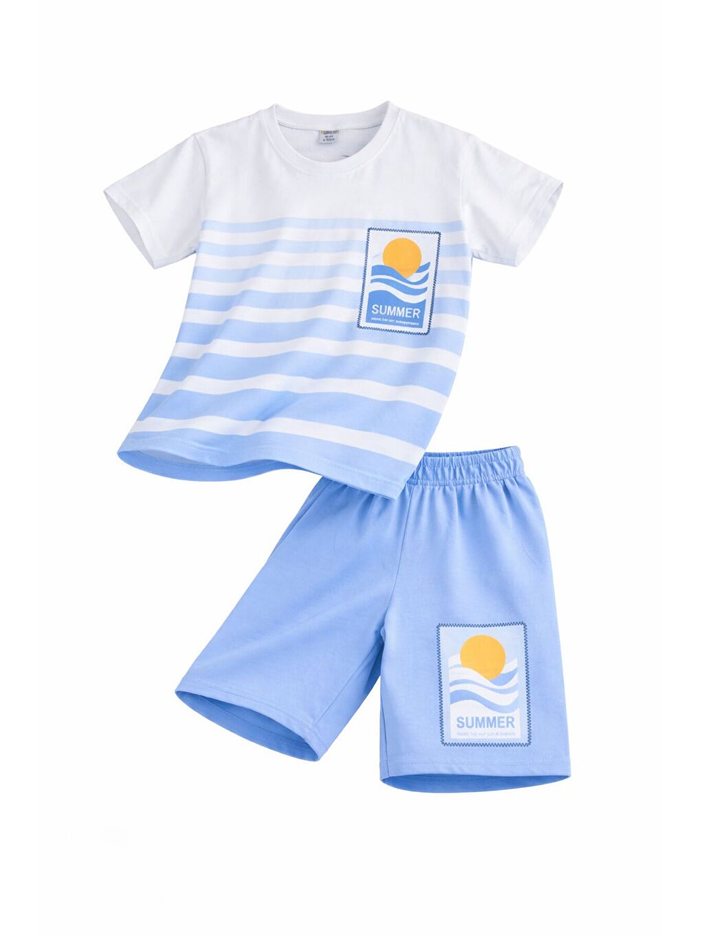 Mavi Çizgi Desenli Summer Baskı Erkek Çocuk Şortlu Tişörtlü Takım 23784-1