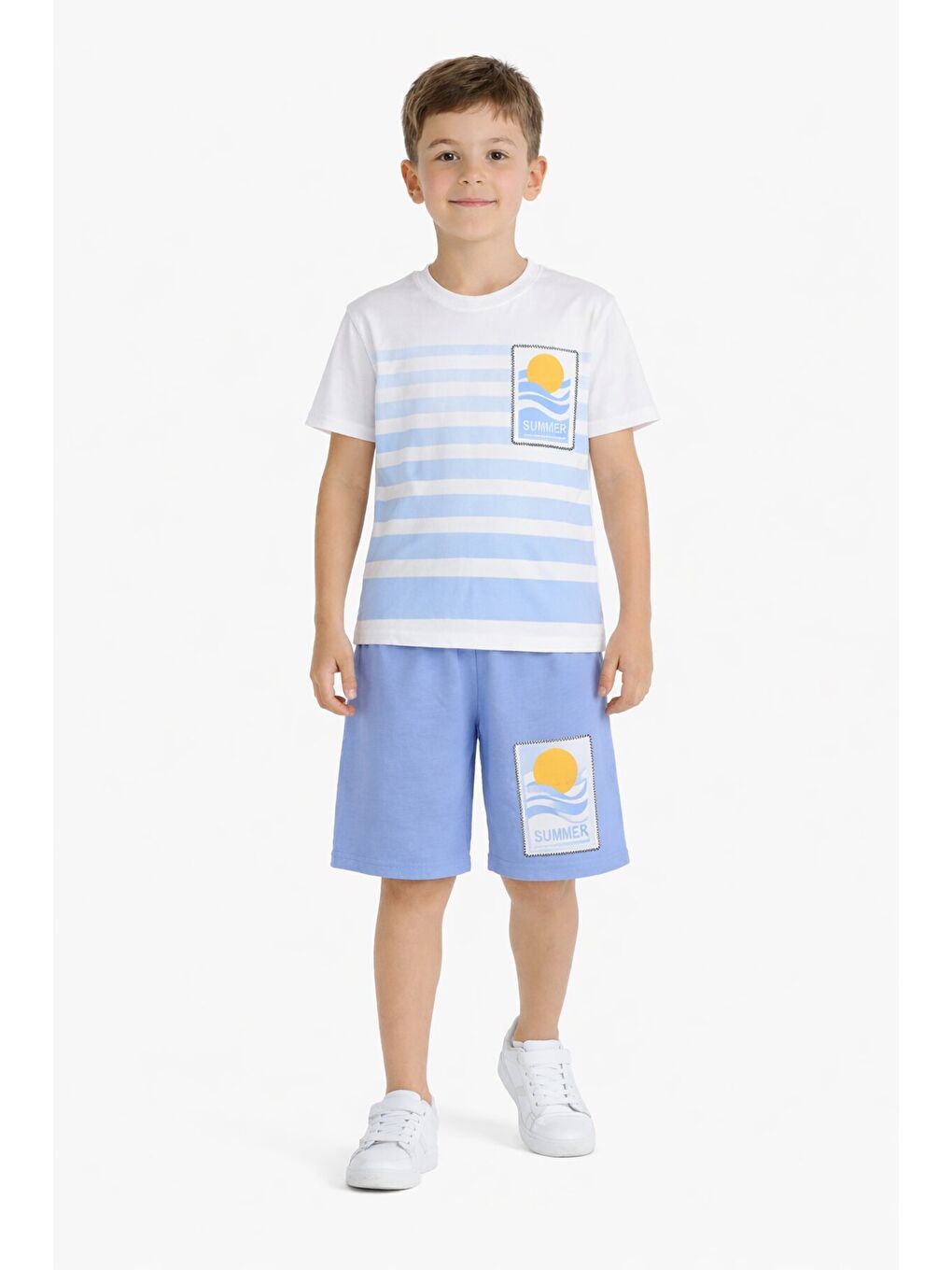 Mavi Çizgi Desenli Summer Baskı Erkek Çocuk Şortlu Tişörtlü Takım 23784-2