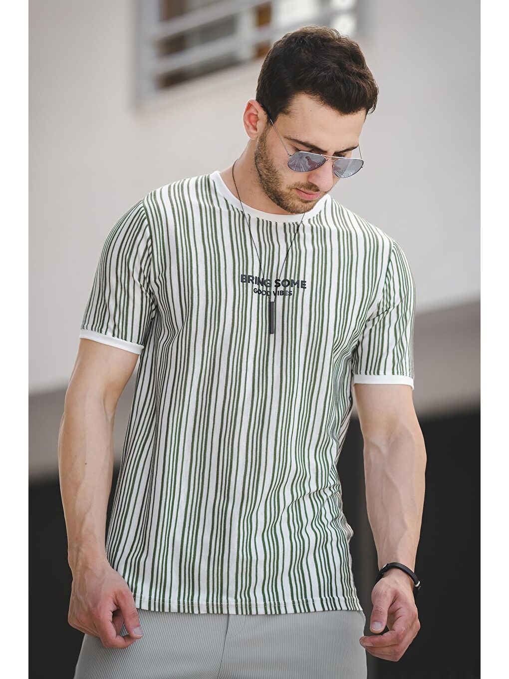 Yeşil Bring Some Baskılı Çizgili Slim Fit Likralı Erkek Tişört