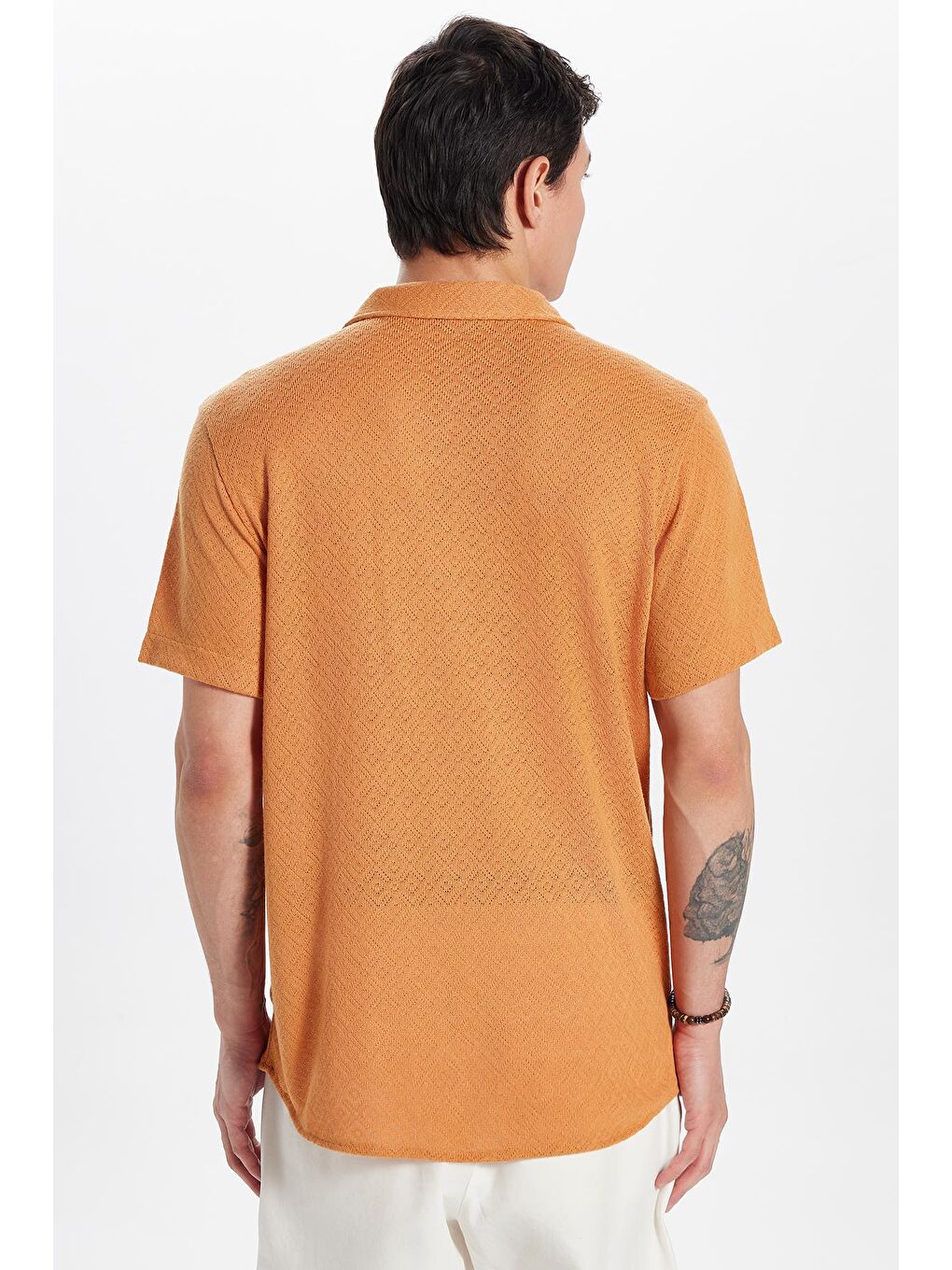 Erkek Slim Fit Dar Kesim Kısa Kollu Örme Doku Apaş Yaka Turuncu Gömlek-4