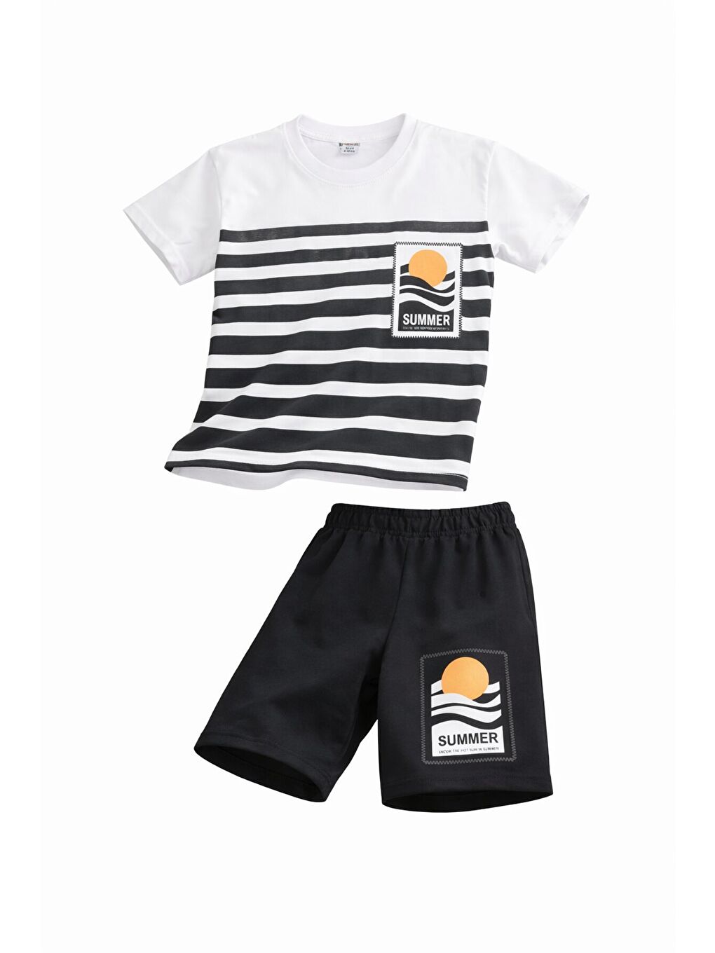 Siyah Çizgi Desenli Summer Baskı Erkek Çocuk Şortlu Tişörtlü Takım 23783-1