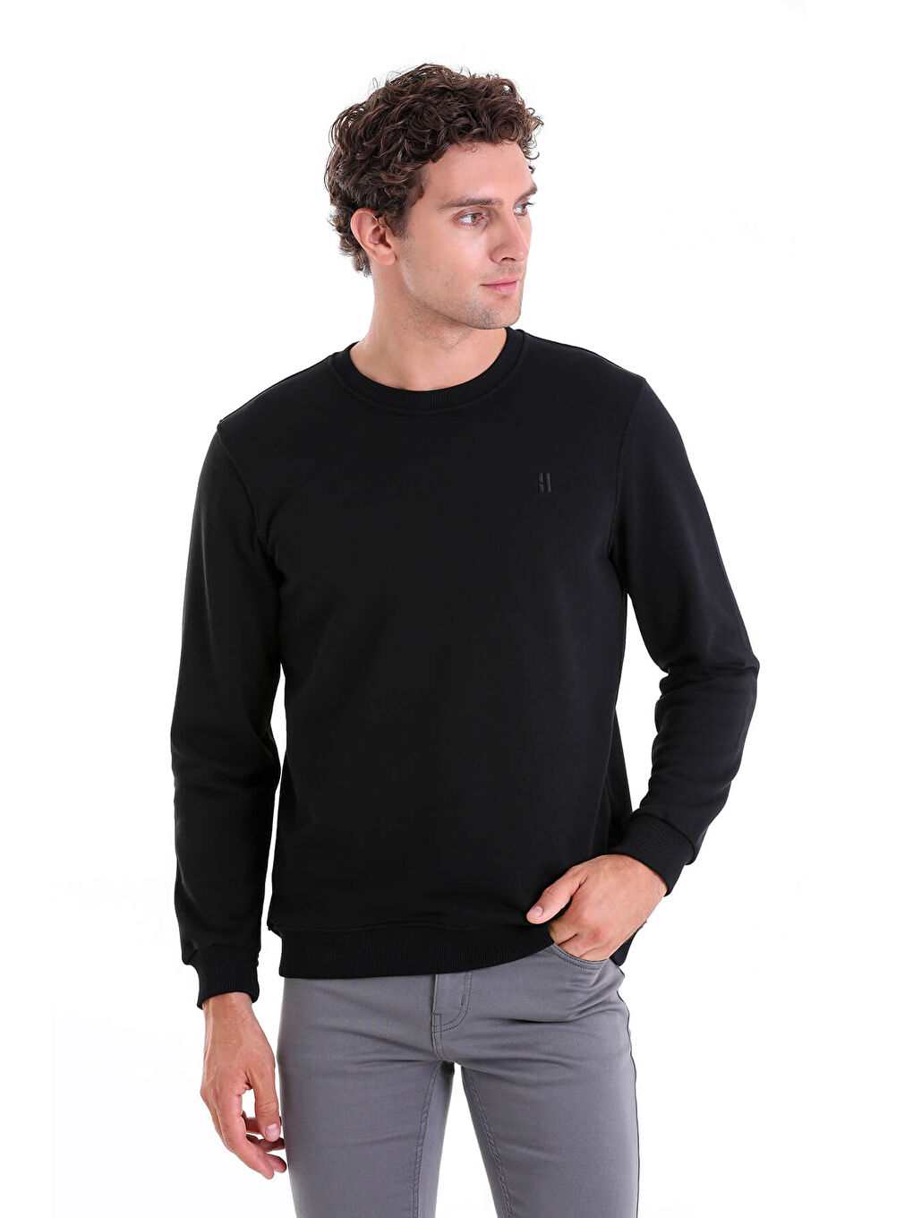 Hatemoğlu Siyah Regular Fit Düz Pamuklu Bisiklet Yaka Sweatshirt - 1