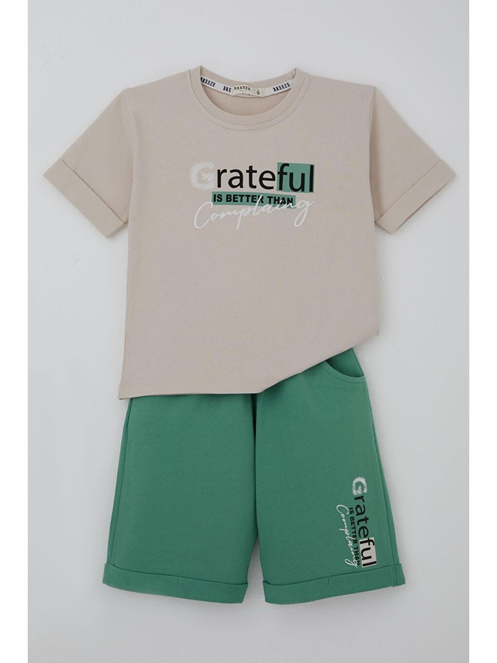 Erkek Çocuk Şortlu Takım Yazı Baskılı Bej (3-7 Yaş)