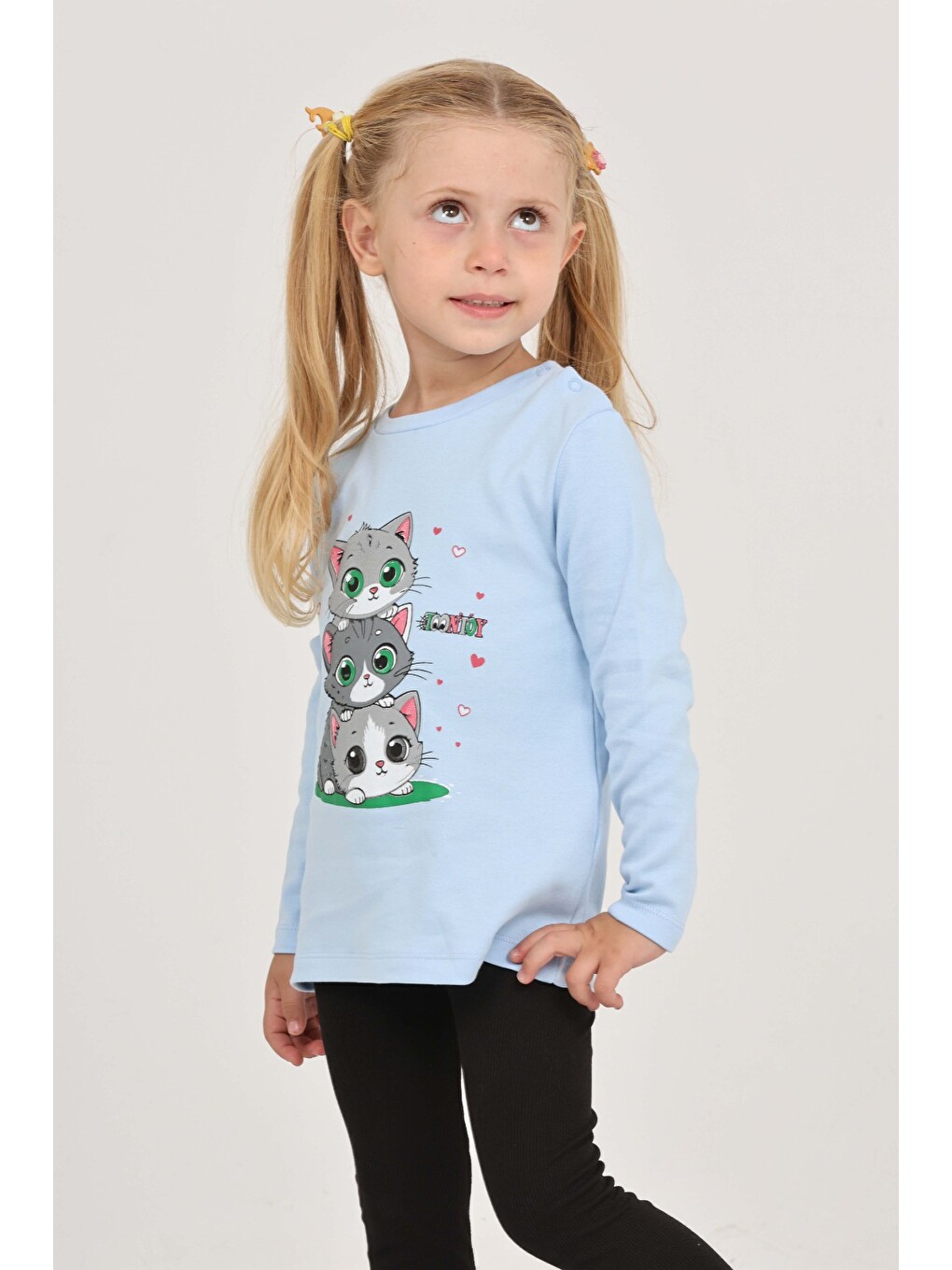 Mavi Kız Çocuk Üçlü Kedi Baskılı Sweatshirt