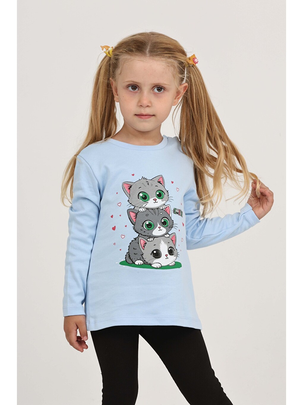 Mavi Kız Çocuk Üçlü Kedi Baskılı Sweatshirt-2