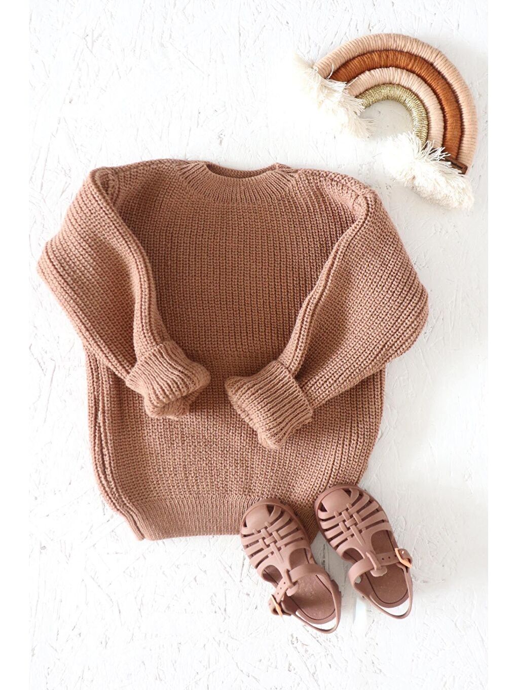 Kahverengi Unisex Bisiklet Yaka Örme Triko Kazak