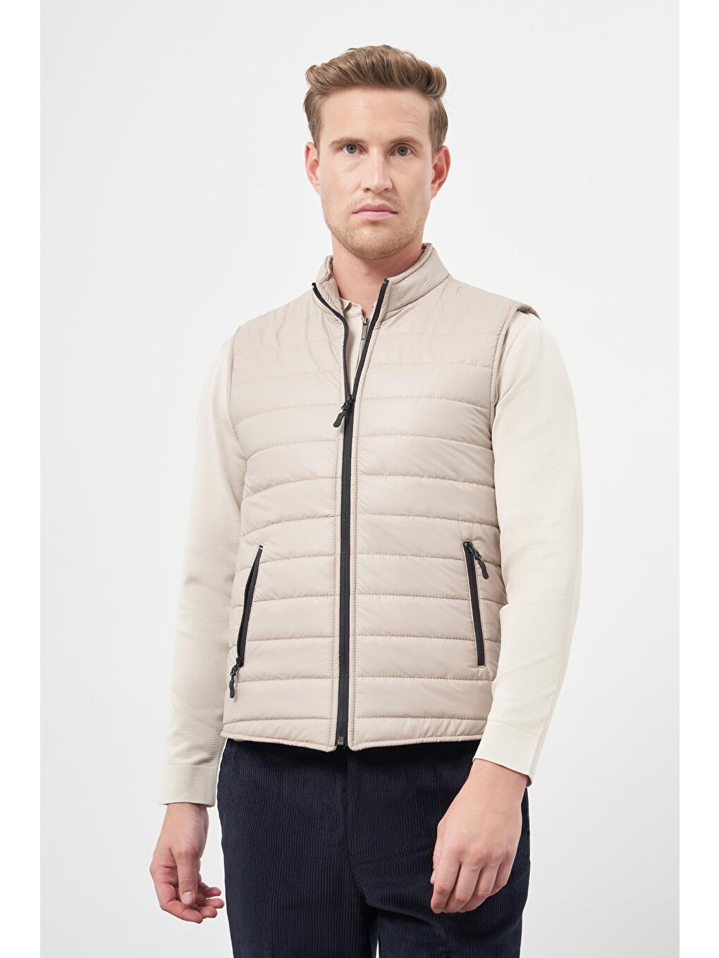 Bej Taş Rengi Kapitone Dik Yaka Düz Garnisiz-Biyesiz Slim Fit Yelek 1009245151