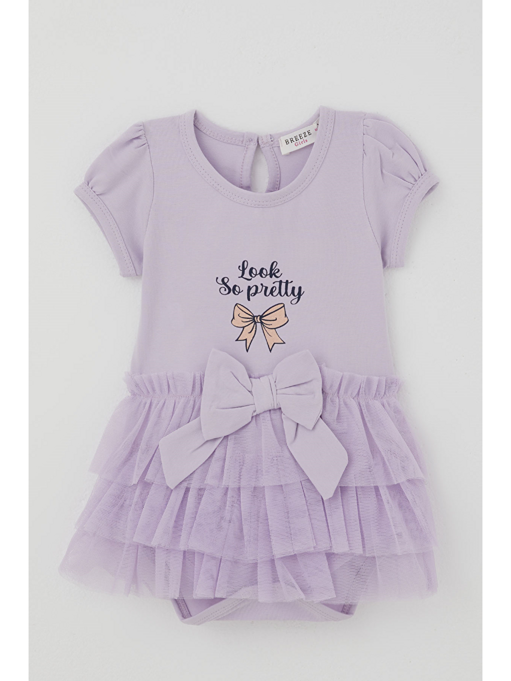 Kız Bebek Kısa Kollu Çıtçıtlı Zıbın Elbise Tütü Etekli Fiyonk Detaylı Lila (6 Ay - 2 Yaş)