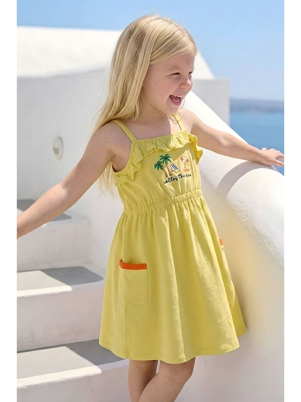 Kız Çocuk Nakışlı Örme Elbise  - Sarı-1