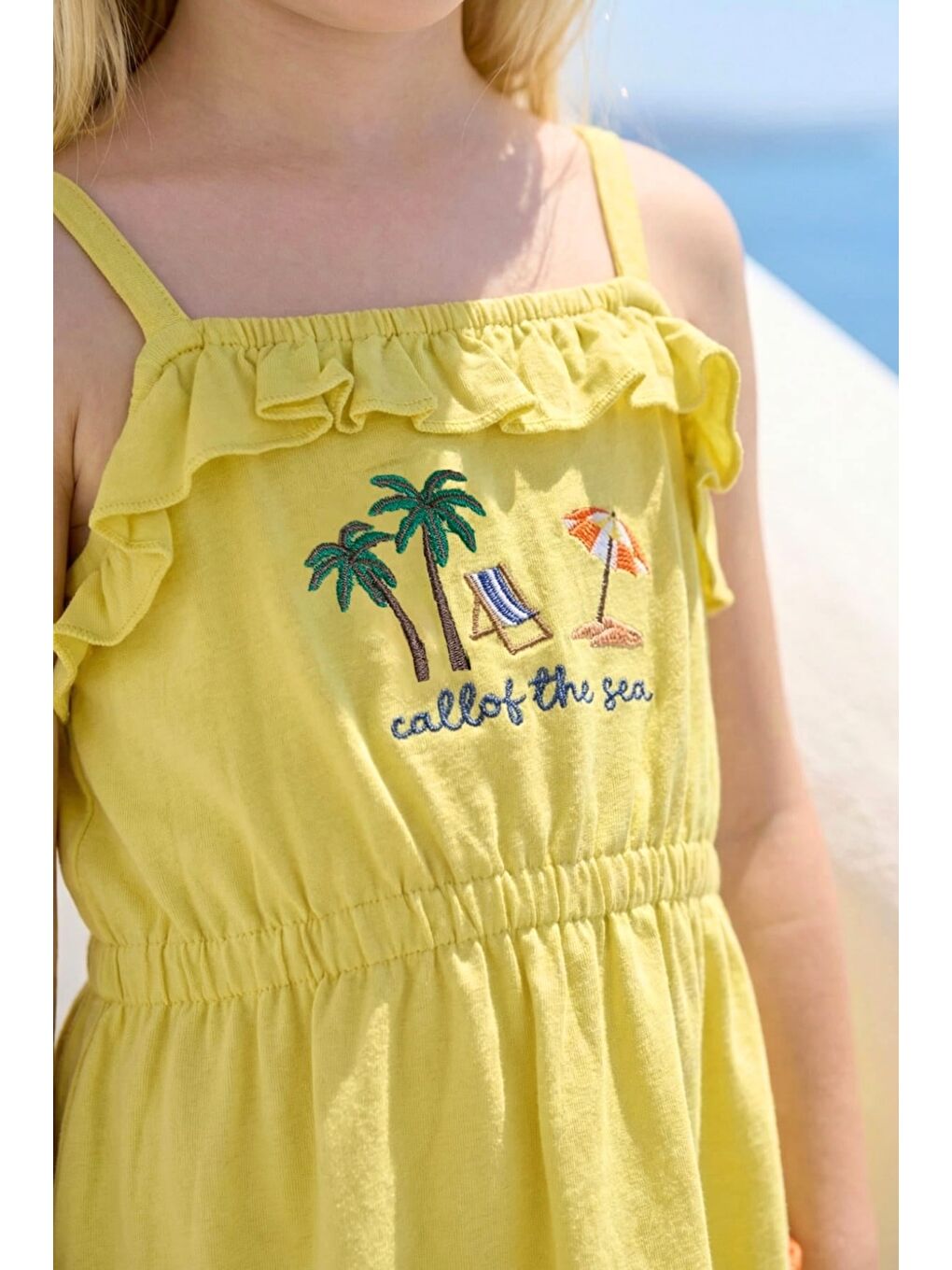 Kız Çocuk Nakışlı Örme Elbise  - Sarı-2