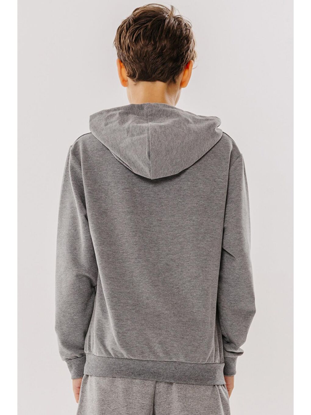 Erkek Çocuk Sweatshirt Yazı Baskılı Armalı Kanguru Cepli Koyu Gri Melanj (8-14 Yaş)-1