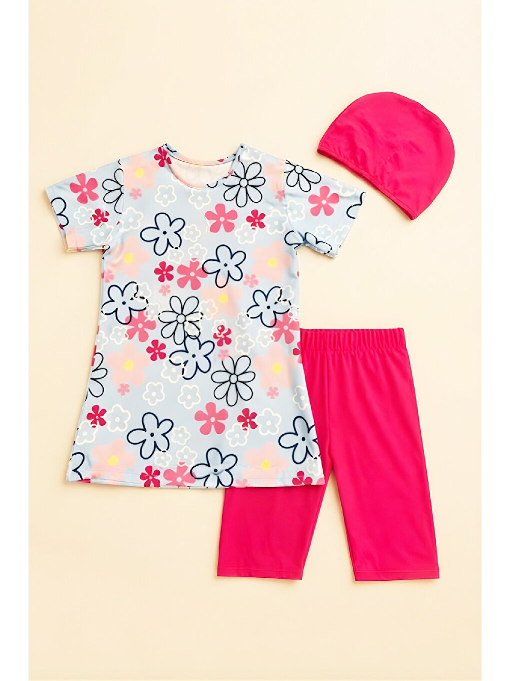 Fuşya Kız Çocuk 3'lü Mayo Takımı (Kısa Kollu Üst+Diz Boy Alt ve Bone) 7-16 Yaş 12591B-2