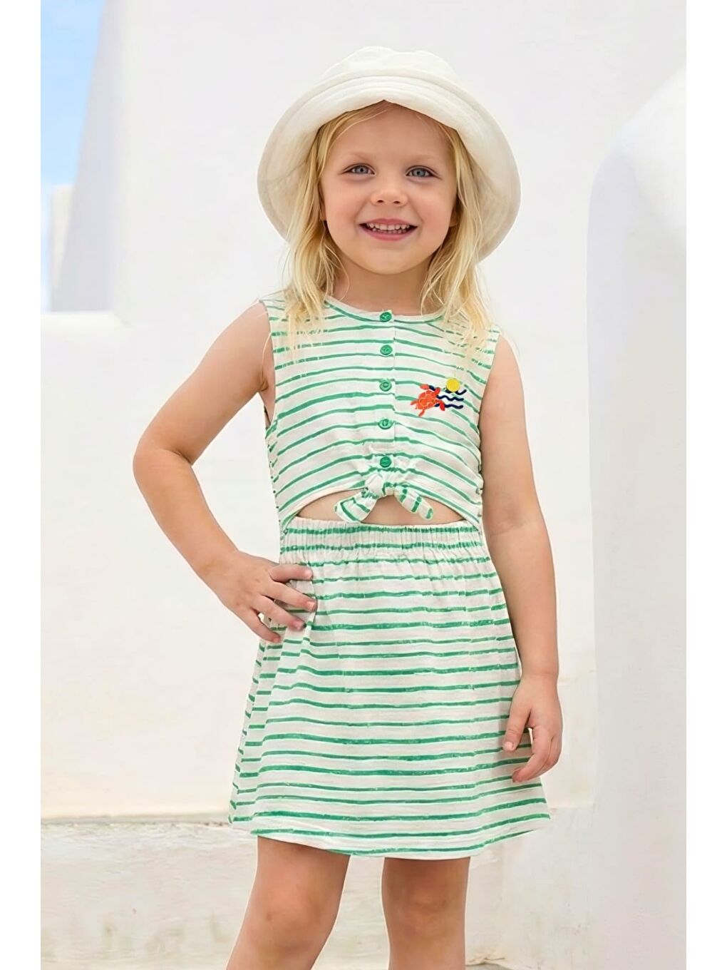 Kız Çocuk Çizgili Örme Elbise  - Yeşil-1