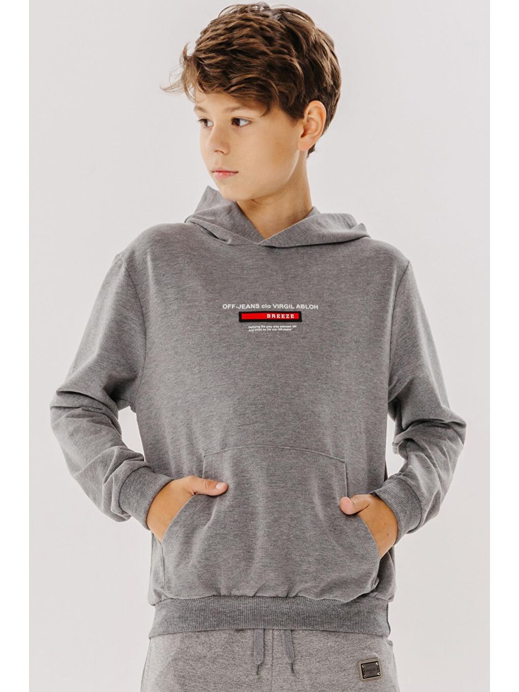 Erkek Çocuk Sweatshirt Yazı Baskılı Armalı Kanguru Cepli Koyu Gri Melanj (8-14 Yaş)-2