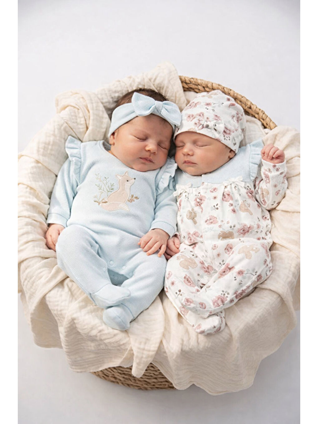 Mavi Kız Bebek 4lü Tulum Seti Şapkalı Saç Bantlı Pamuklu Hediyelik-1