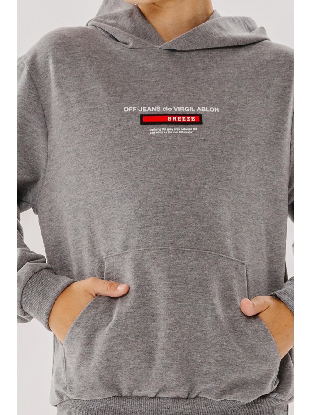 Erkek Çocuk Sweatshirt Yazı Baskılı Armalı Kanguru Cepli Koyu Gri Melanj (8-14 Yaş)-3