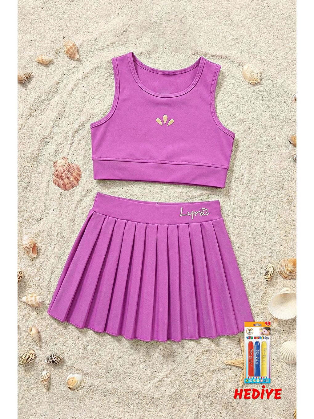 Kız Çocuk Sportif Mor Renk Pilili Crop - Şort Etek Alt - Üst Takım-1