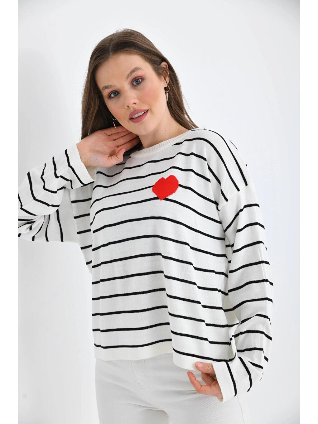 Ekru Bisiklet Yaka Salaş Çizgil Mevsimlik Triko Kazak