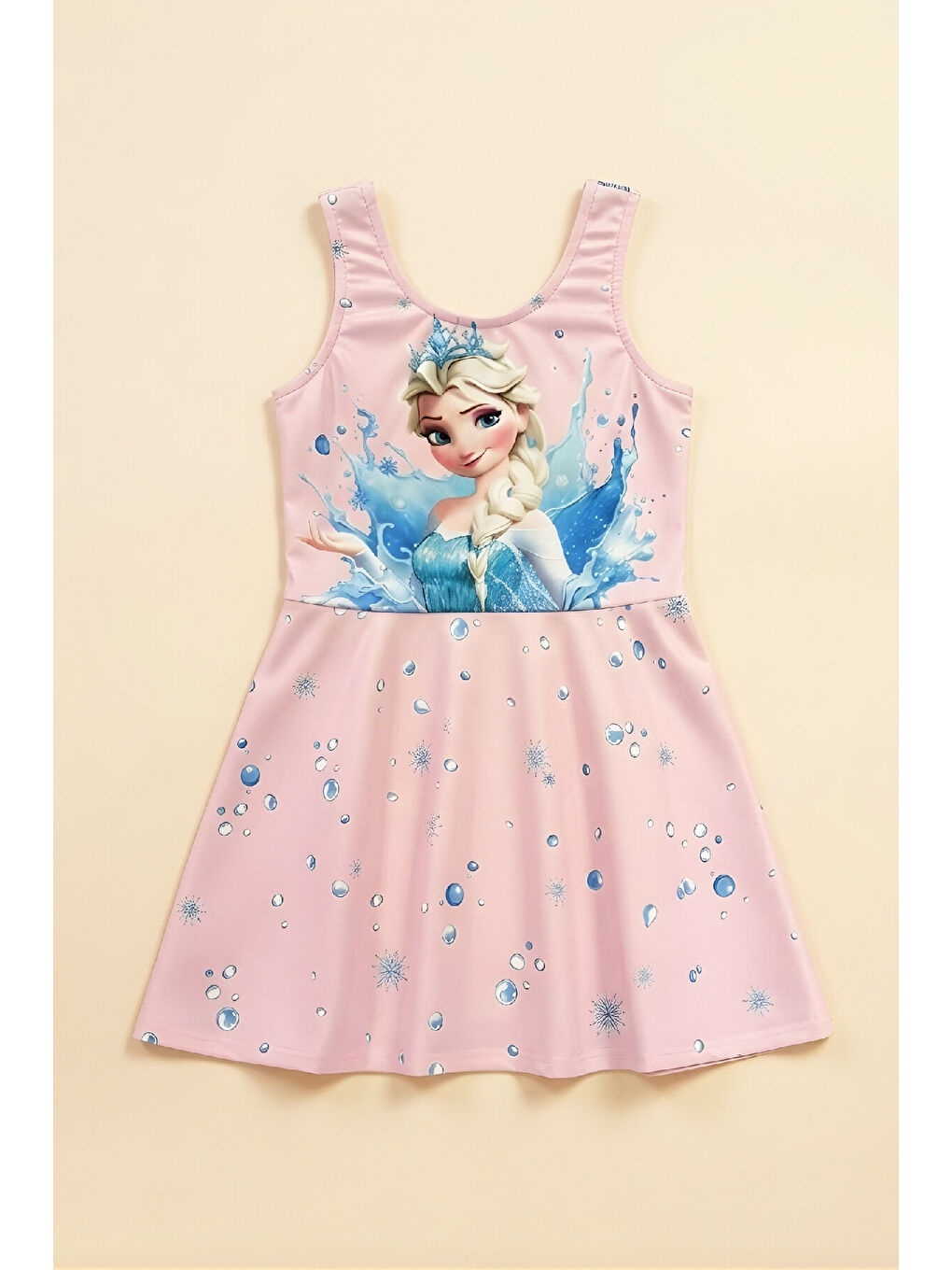 Pembe Kız Çocuk Elbise Mayo-İç Mayolu-Görsel Baskılı 3-12 Yaş 12609B-1