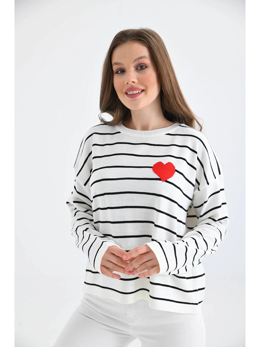 Ekru Bisiklet Yaka Salaş Çizgil Mevsimlik Triko Kazak-1