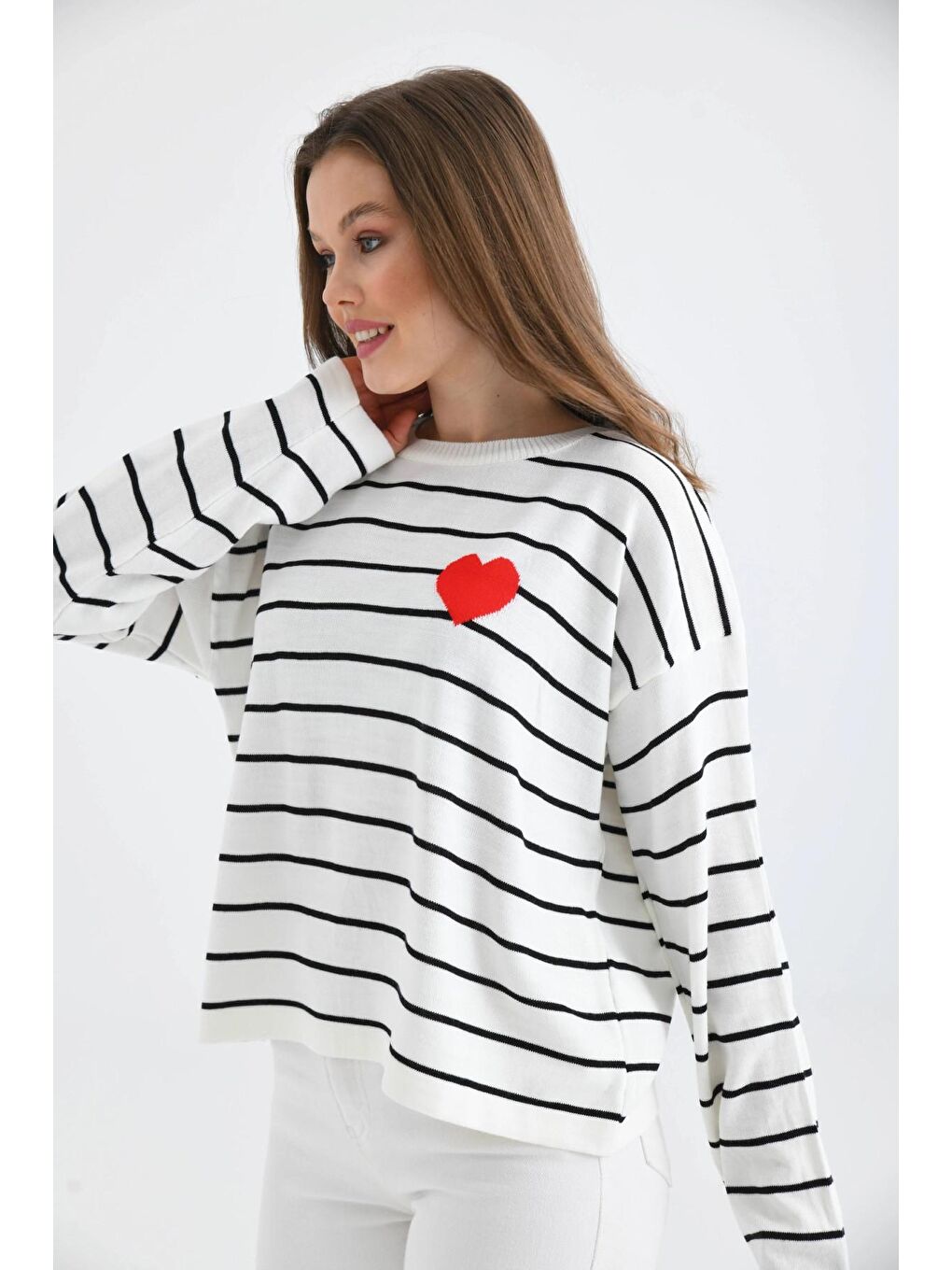 Ekru Bisiklet Yaka Salaş Çizgil Mevsimlik Triko Kazak-2