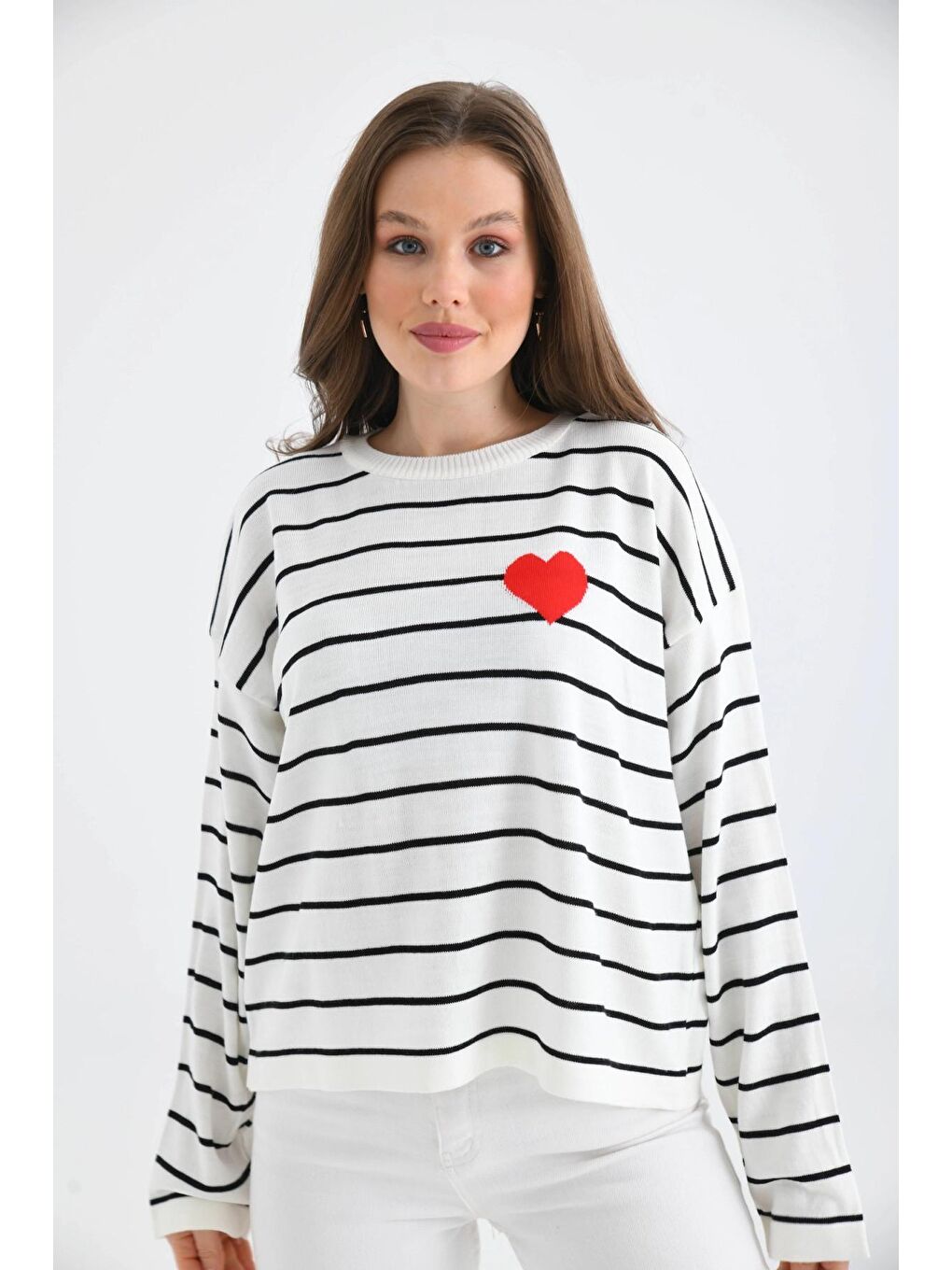 Ekru Bisiklet Yaka Salaş Çizgil Mevsimlik Triko Kazak-3