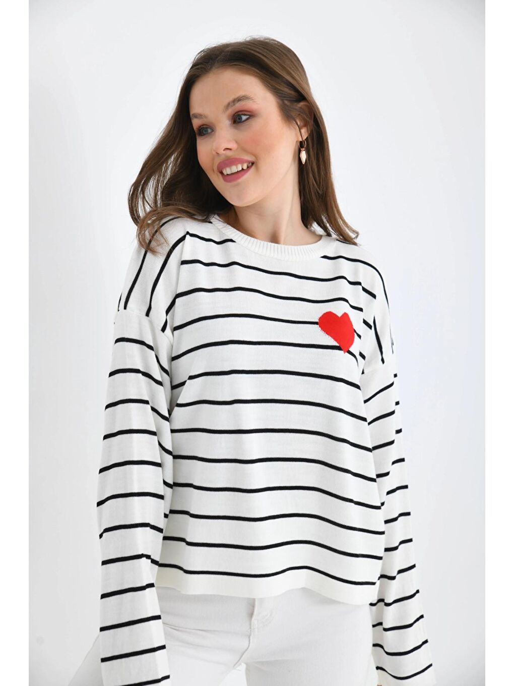 Ekru Bisiklet Yaka Salaş Çizgil Mevsimlik Triko Kazak-4