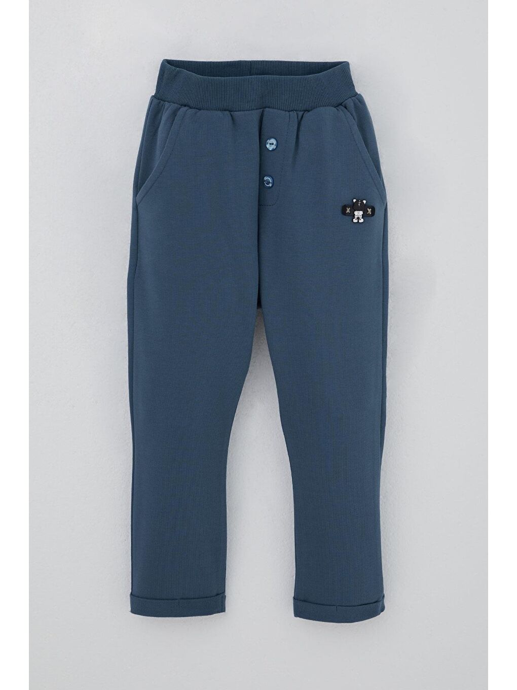 Erkek Bebek Eşofman Altı Ayıcık Armalı Düğme Aksesuarlı İndigo (9 Ay-1 Yaş)