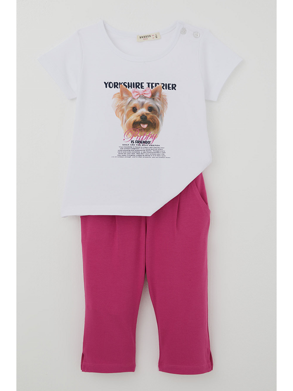 Kız Çocuk Kapri Taytlı Takım Sevimli Köpekçik Baskılı Fiyonklu Beyaz (1.5-5 Yaş)