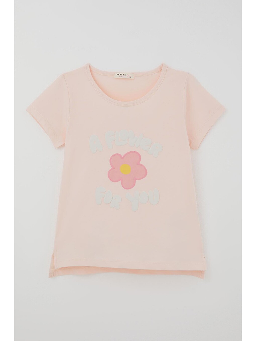 Pembe Kız Çocuk Kısa Kollu Tişört Kabartmalı Çiçek & Yazı Baskılı Pudra (5-10 Yaş)