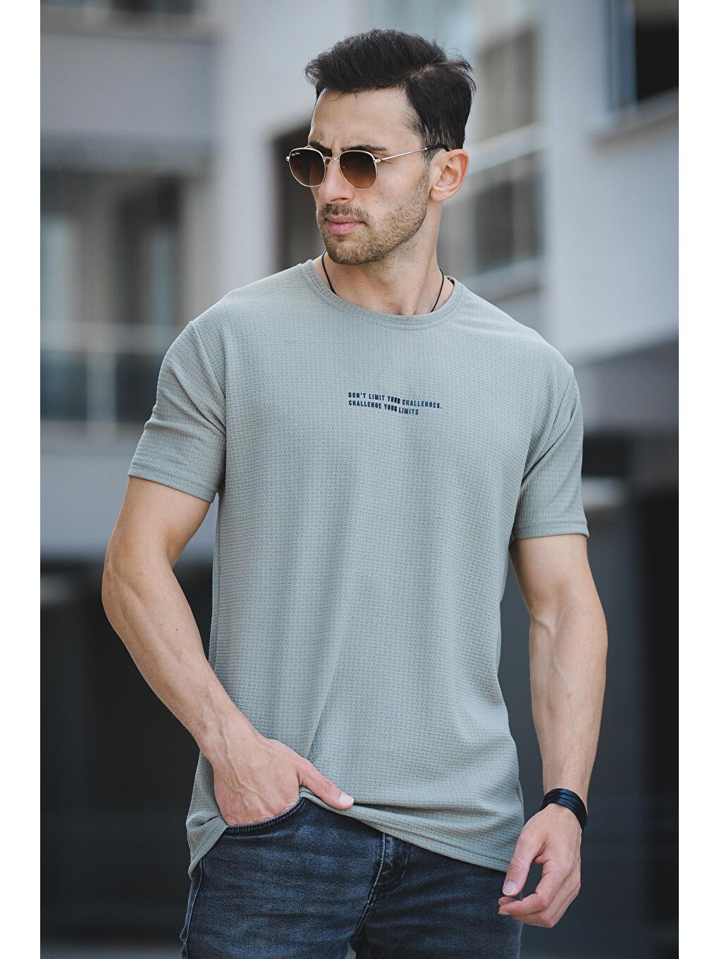 Yeşil Ft Dont Limit Baskılı Waffle Bisiklet Yaka Elastanlı Slim Fit Erkek Tişört