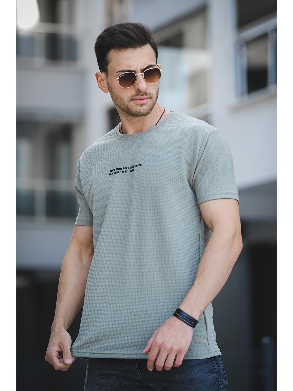 Yeşil Ft Dont Limit Baskılı Waffle Bisiklet Yaka Elastanlı Slim Fit Erkek Tişört-1