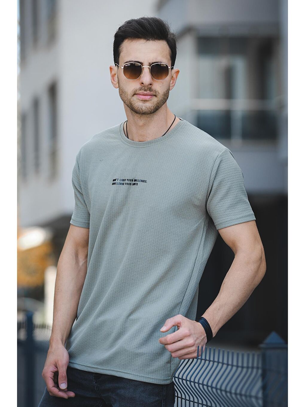 Yeşil Ft Dont Limit Baskılı Waffle Bisiklet Yaka Elastanlı Slim Fit Erkek Tişört-2