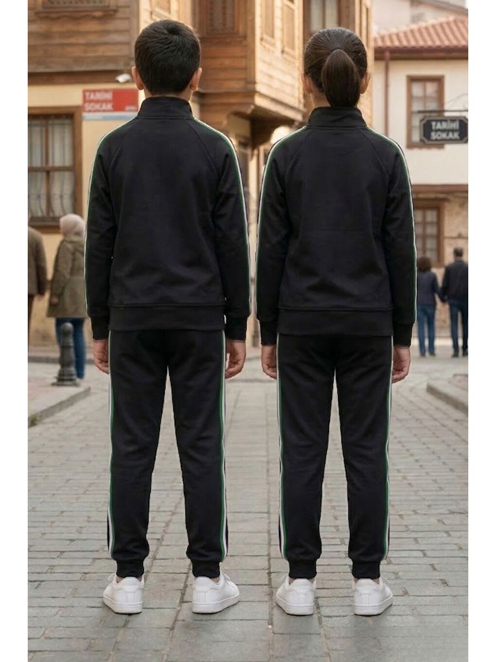 Siyah Unisex Çocuk Dik Yaka Üç Şeritli Şardonlu Dalgıç Eşofman Takımı-3