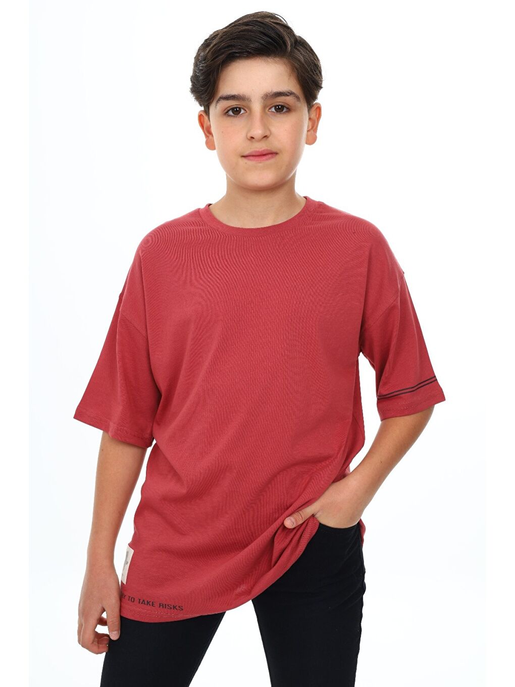 Kahverengi Erkek Çocuk Bisiklet Yaka Düşük Omuz Kısa Kollu Arma Detaylı  Baskılı Tişört  24498-4