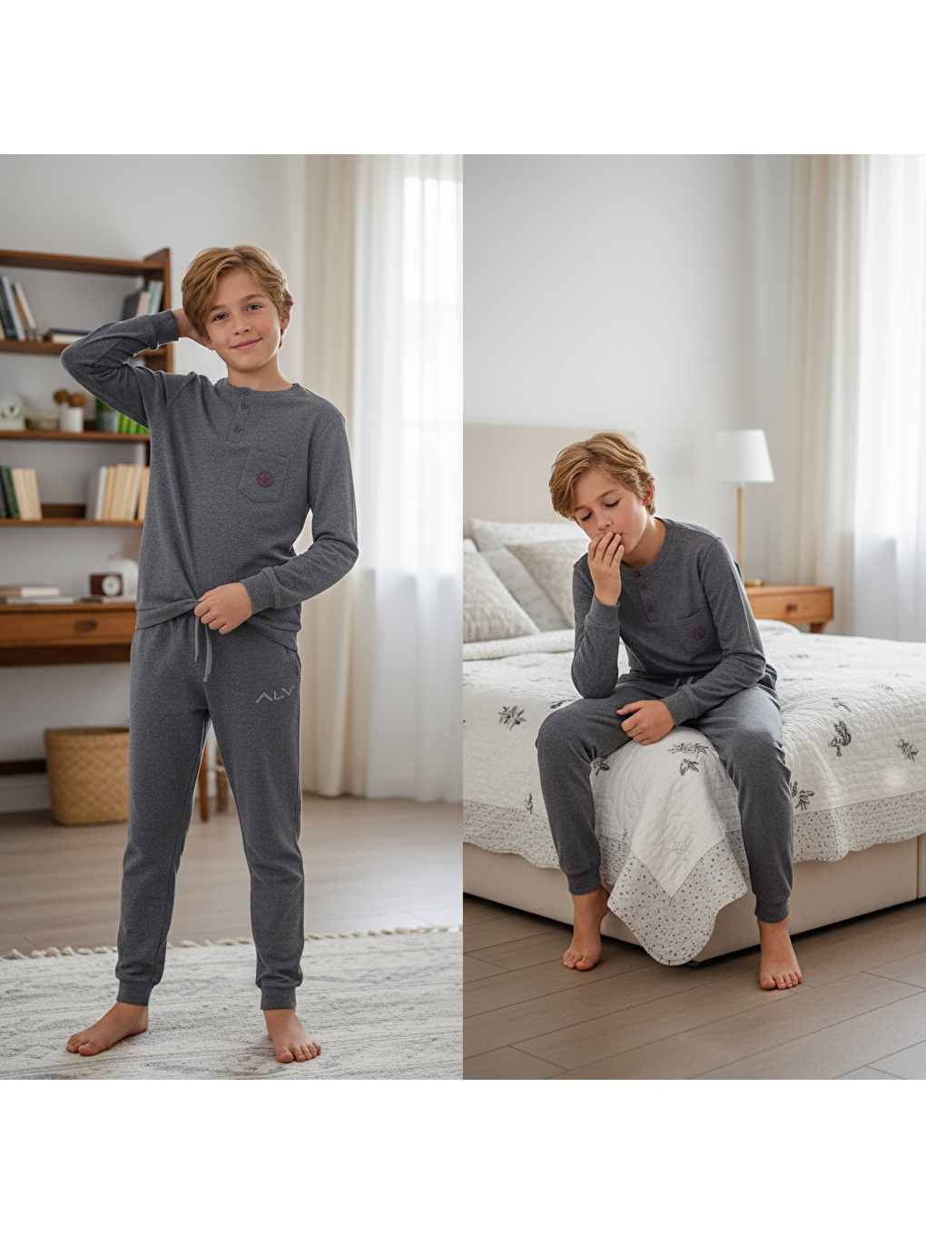 Genç Erkek Pamuklu Koyu Gri Renk Pijama Takımı Al007 V2 Bb2437-1