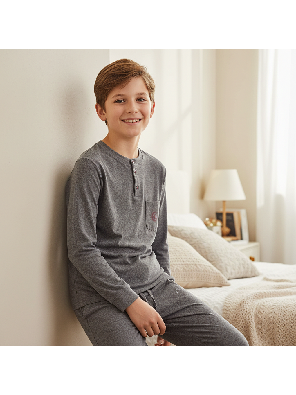 Genç Erkek Pamuklu Koyu Gri Renk Pijama Takımı Al007 V2 Bb2437-2