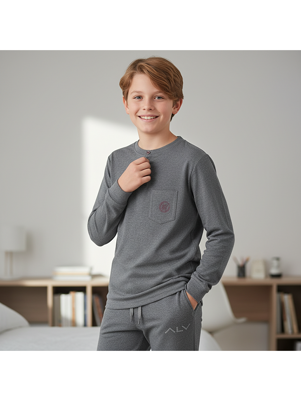 Genç Erkek Pamuklu Koyu Gri Renk Pijama Takımı Al007 V2 Bb2437-3