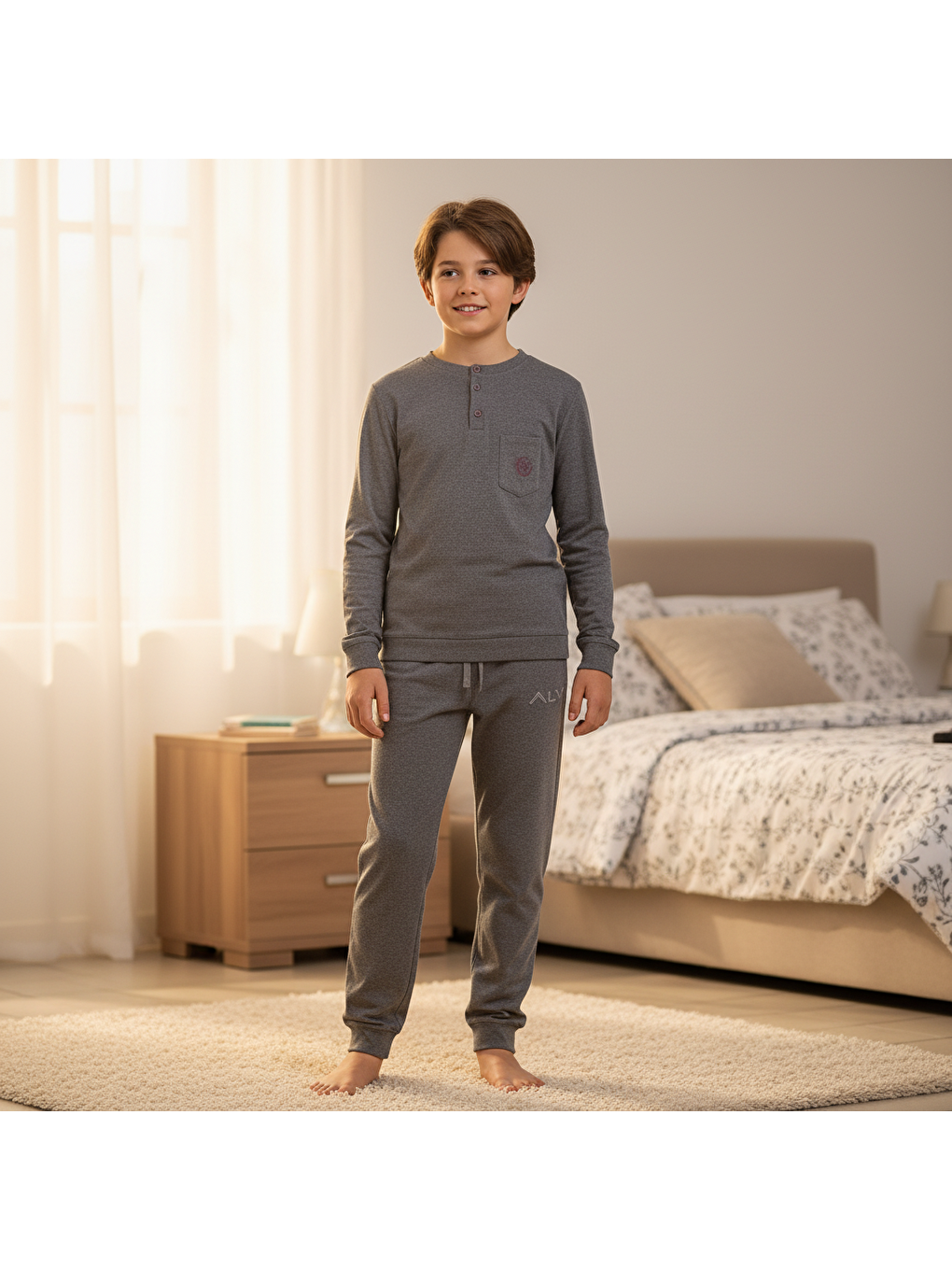 Genç Erkek Pamuklu Koyu Gri Renk Pijama Takımı Al007 V2 Bb2437-5