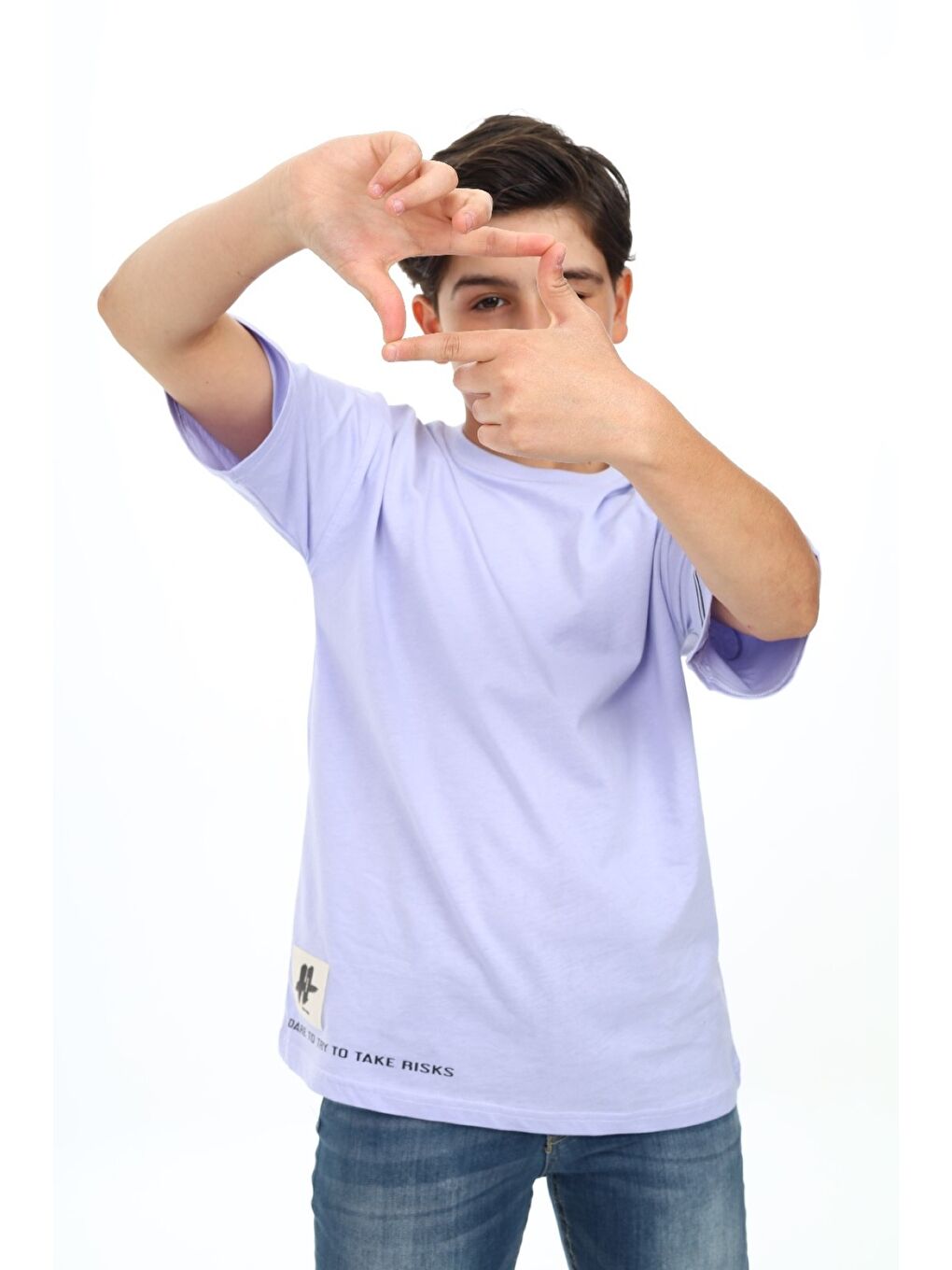 Lila Erkek Çocuk Bisiklet Yaka Düşük Omuz Kısa Kollu Arma Detaylı  Baskılı Tişört  24498