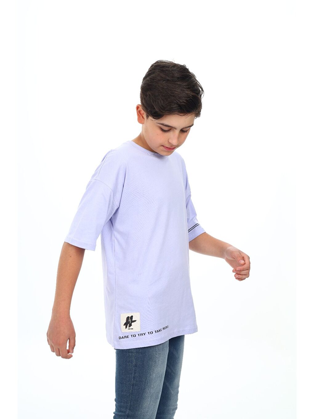Lila Erkek Çocuk Bisiklet Yaka Düşük Omuz Kısa Kollu Arma Detaylı  Baskılı Tişört  24498-5