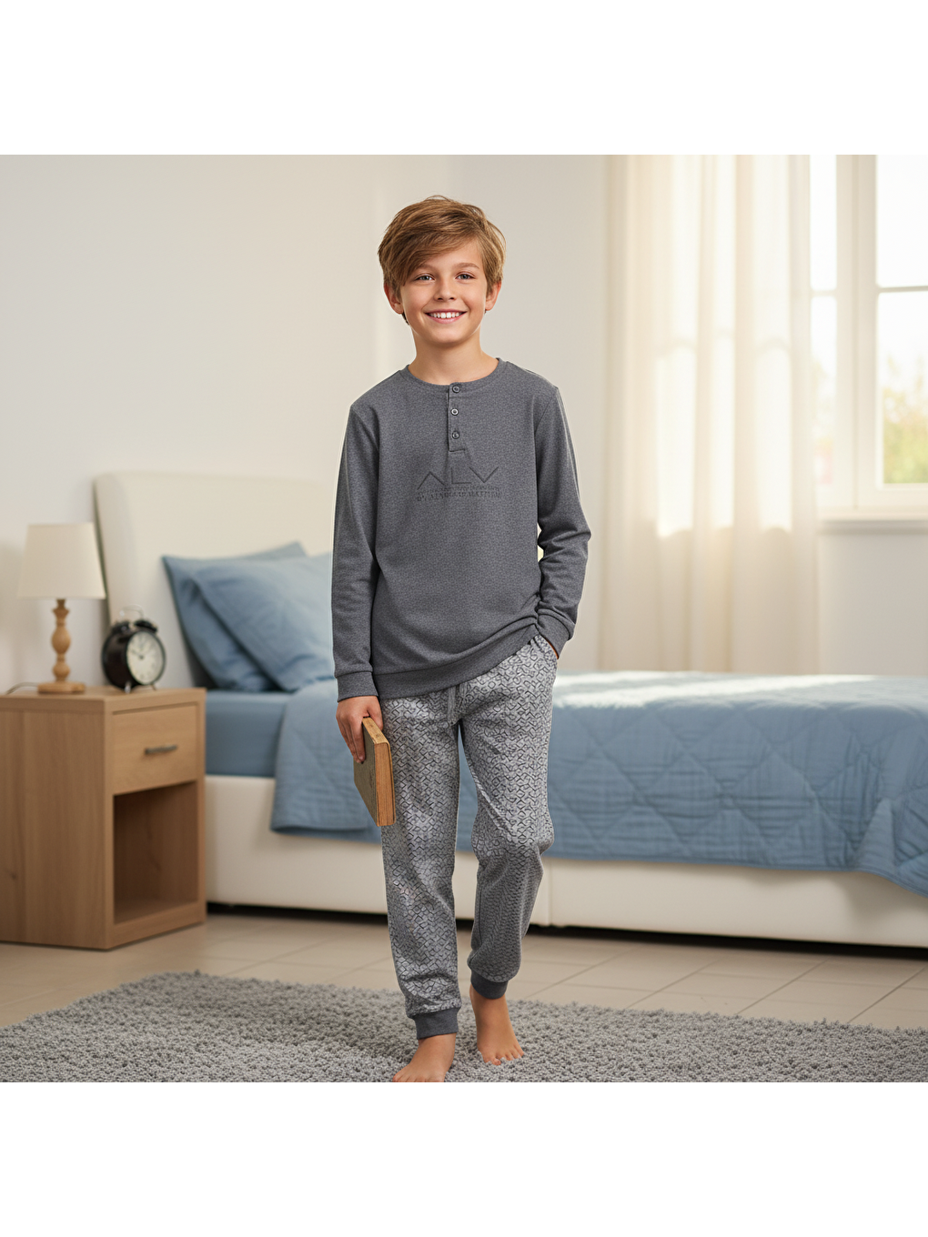 Genç Erkek Pamuklu Gri Melanj Renk Pijama Takımı Al001 V2 Bb2432-1