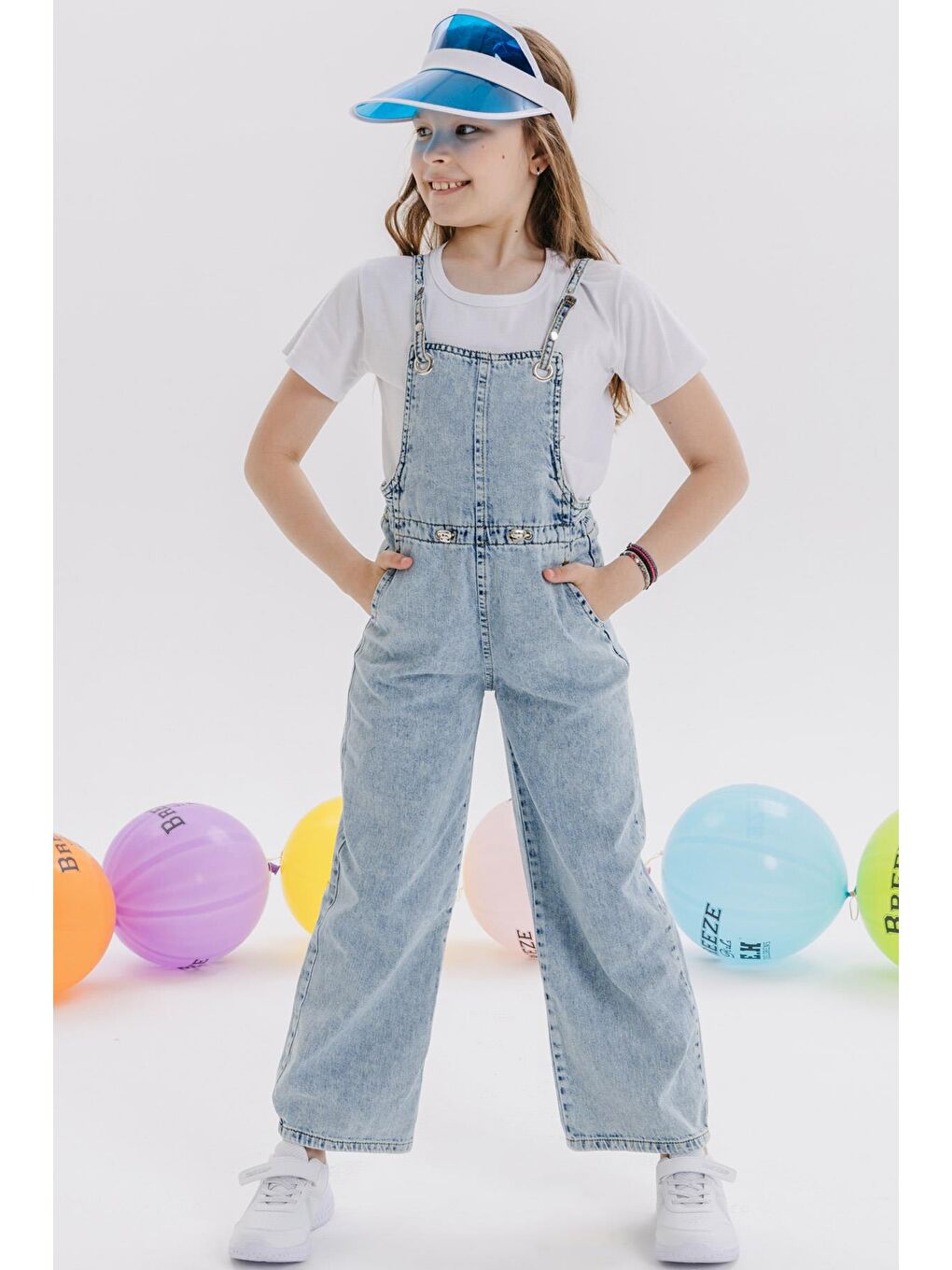 Kız Çocuk Jean Salopet Tulum Geniş Paça Çıtçıtlı Açık Mavi