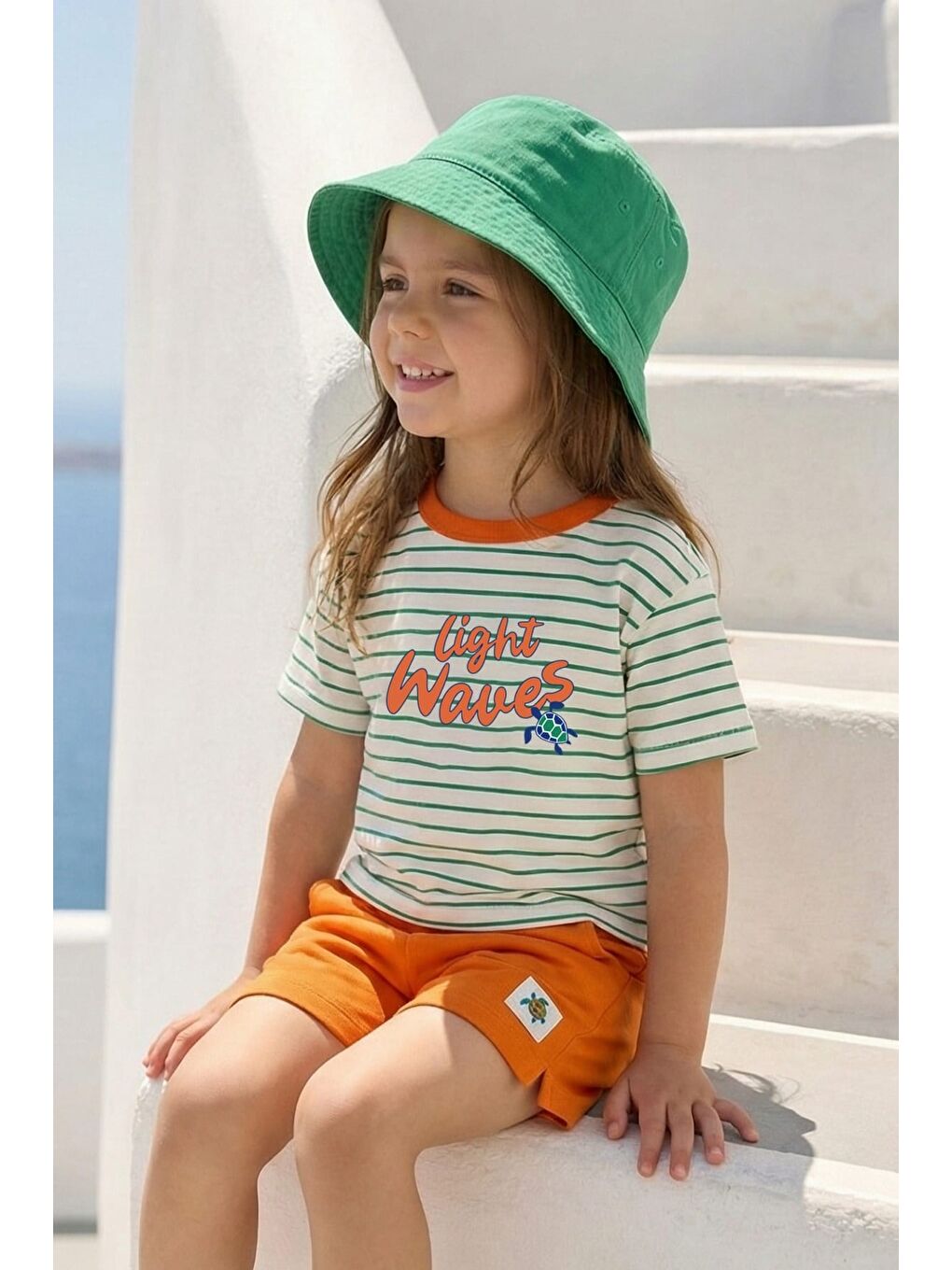 Kız Çocuk Çizgili T-Shirt Ve Şort Takım  - Turuncu-1