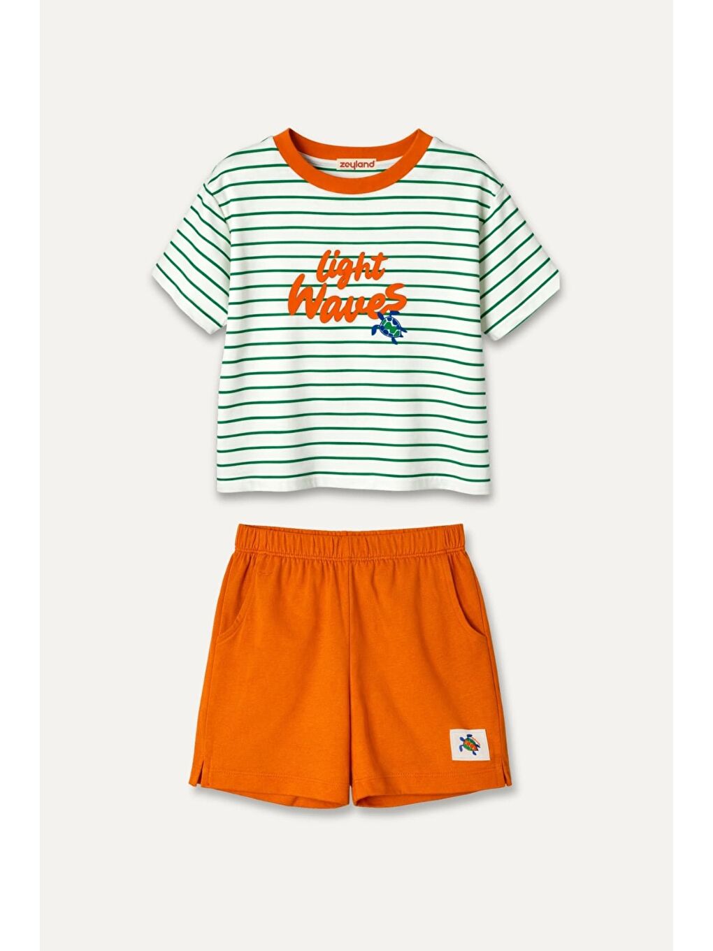Kız Çocuk Çizgili T-Shirt Ve Şort Takım  - Turuncu-2