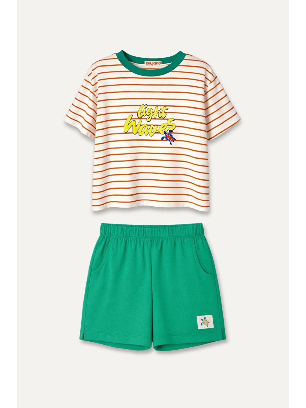 Kız Çocuk Çizgili T-Shirt Ve Şort Takım  - Yeşil-1