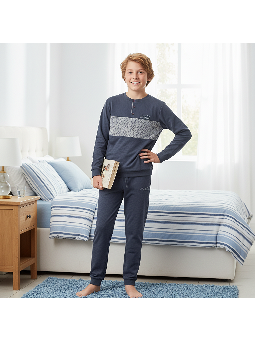 Gri Genç Erkek Pamuklu Füme Renk Pijama Takımı Al002 V2 Bb2433