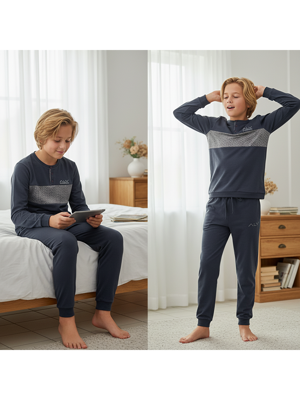 Gri Genç Erkek Pamuklu Füme Renk Pijama Takımı Al002 V2 Bb2433-2